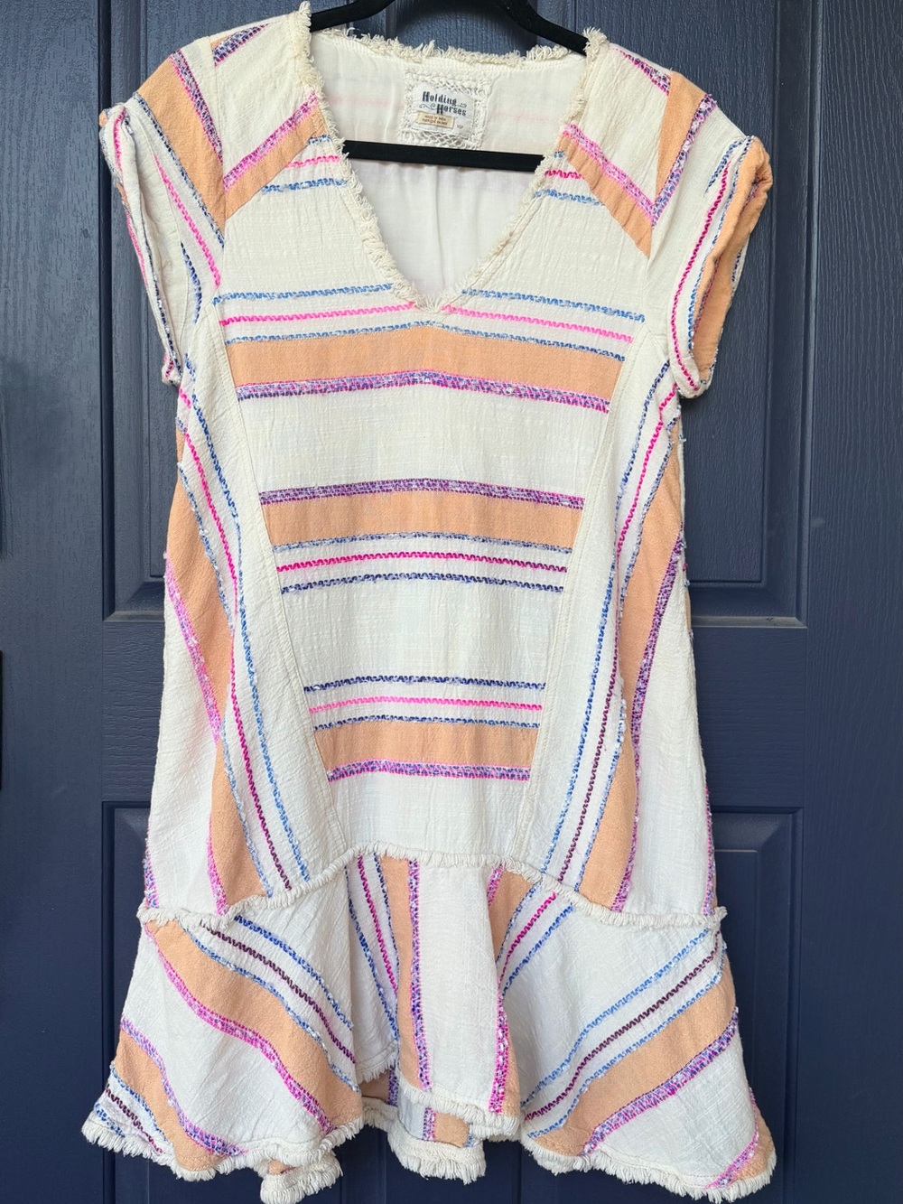 HOLDING HORSES Cream Dress with Peach, Pink & Blue Stripes